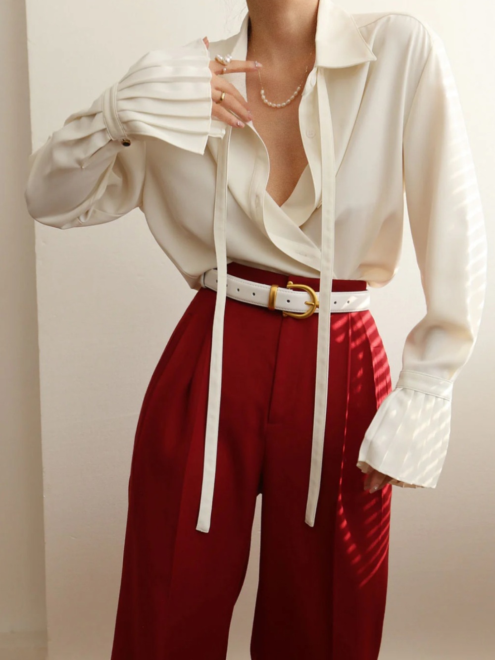 NWT Commense Cream Satin Tie-Neck Blouse with Ruffle Sleeves and Button Details